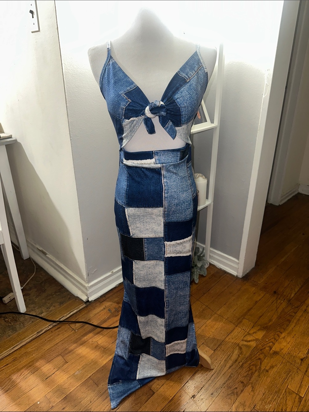 Patchwork Material Denim Maxi Dress with Front Tie